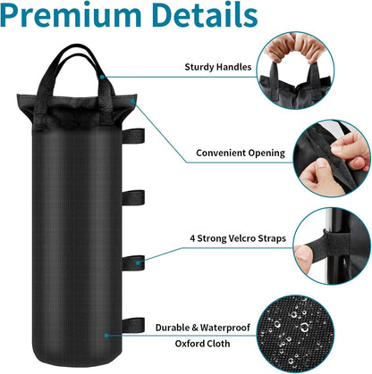 4 Pack Sand Bags 6X20 Inch Heavy Duty for Canopy Tent Weights | Holds 26 Lbs Each, 800D Oxford Cloth with Waterproof Coating and Hook and Loop Straps3