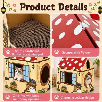 Cinrobiye Cardboard Cat House with Scratcher, Indoor Cat Condo Cat Cave Hideout with Scratch Pad, Cardboard Cat Playhouse Bed for Cats, Kittens, Rabbits & Small Pets (Mushroom)4