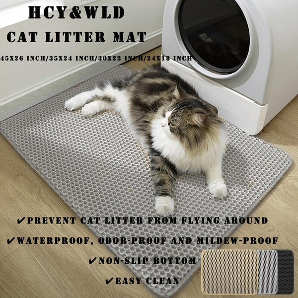HCY&WLD Cat Litter Mat, 45X26/35X24/30X22/24X18 Inch Double Layer Cat Litter Box Mat, EVA Non-Slip, Waterproof Urine Proof Cat Litter Catcher Mat, Easy Clean Scatter Control (35X24 Inch, Khaki)2