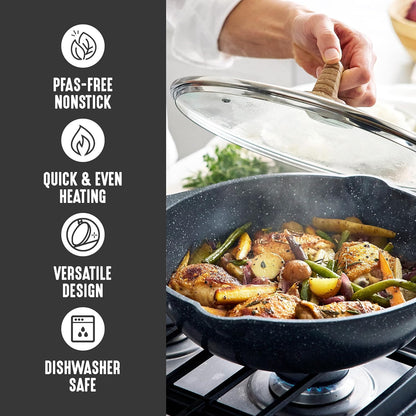Nonstick 12” (5QT) All in One Deep Skillet Wok with Lid, Pfas-Free Non-Toxic Ceramic Multi-Purpose Pan, Induction, All Stovetop, Egg, Stir Fry, Saute, Stay Cool Handle, Granite Black5