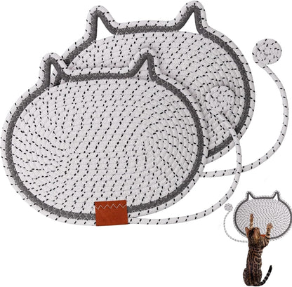 2 PC Cat Scratcher Mat - Natural Cotton Rope Oval Horizontal Scratch Pad (11''X13.7'') with Dangling Ball Toy, Cat Ear Design, Furniture Protector for Floor/Wall, Durable Handmade (Balck, 2 PC)9