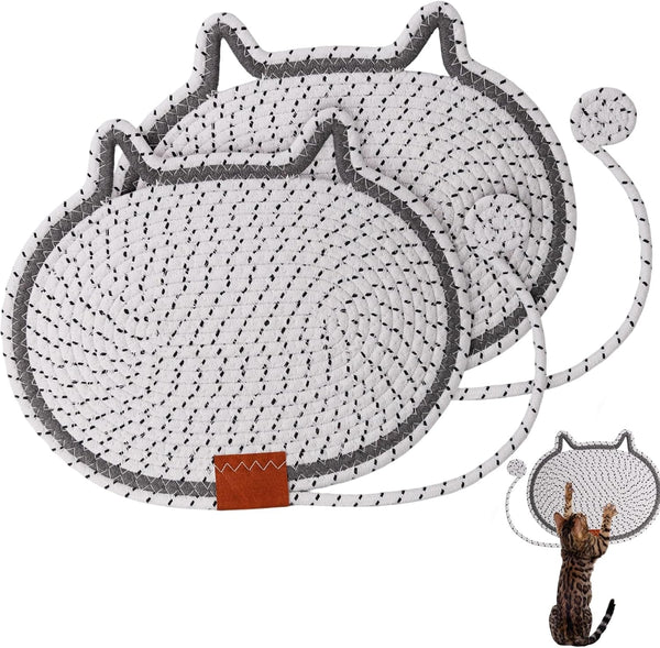 2 PC Cat Scratcher Mat - Natural Cotton Rope Oval Horizontal Scratch Pad (11''X13.7'') with Dangling Ball Toy, Cat Ear Design, Furniture Protector for Floor/Wall, Durable Handmade (Balck, 2 PC)9