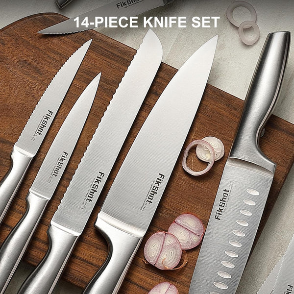 14 Pieces Knife Block Set German Stainless Steel with Sharpener | Razor-Sharp Santoku Knives, Fruit & Kitchen Knives, Rust Resistant for Homecooks, BBQ Prep (Silver + Walnut)7
