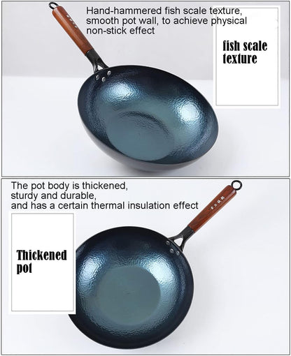 Chinese Handhammered Iron Woks and Stir Fry Pans, Flat Bottom Wok，No Coating Non-Stick, Suitable for All Kinds of Stoves (Diameter 32Cm/12.59In)7