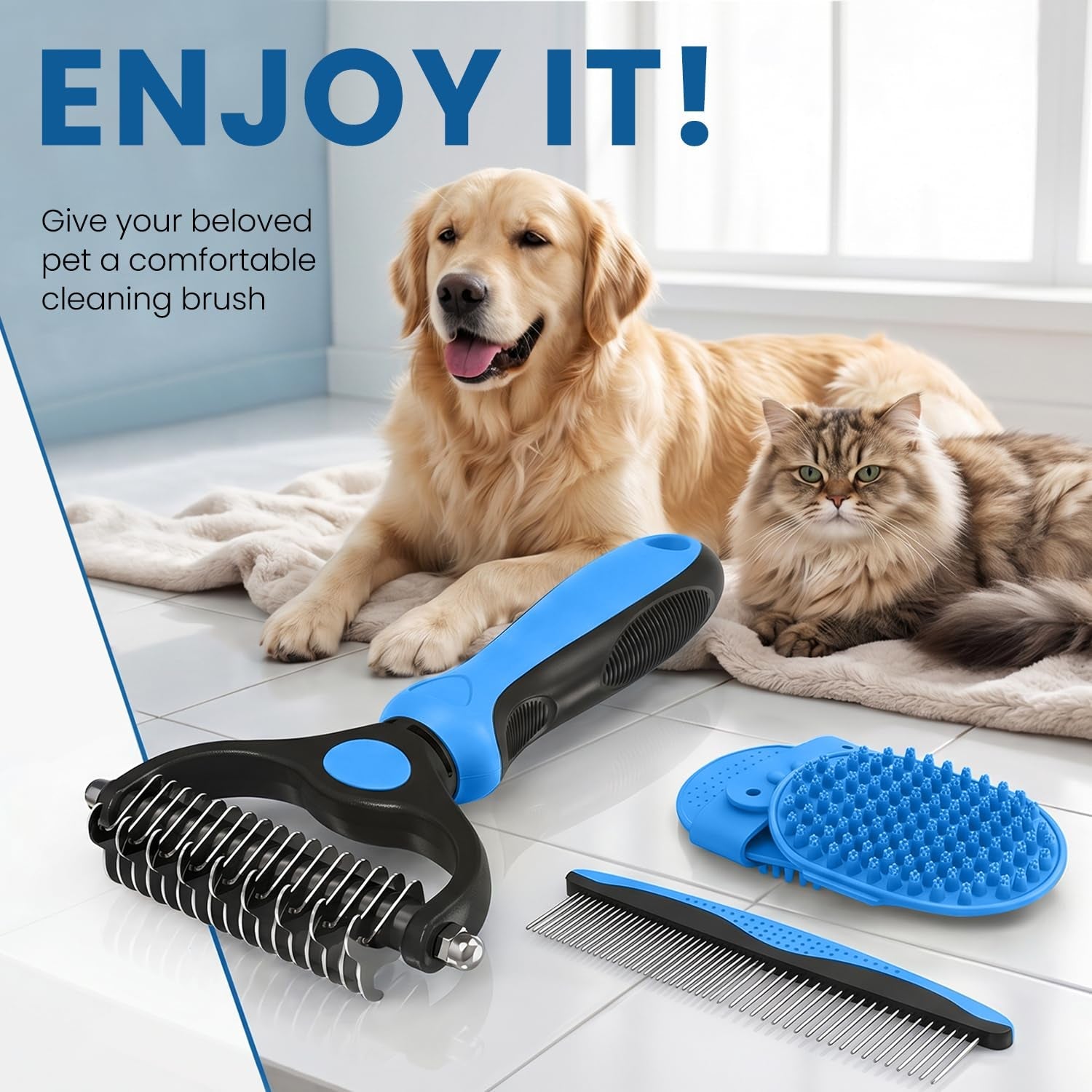 double-sided-pet-grooming-rake-4-in-1-professional-pet-grooming-kit-deshedding-dematting-tool-for-dogs-cats-extra-wide-grooming-brush-deshedder-comb-for-long-short-haired-pets-blue-kit-4pcs
