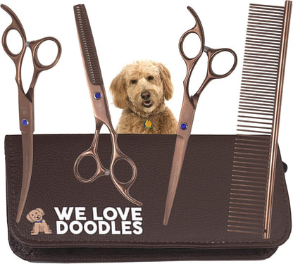 Dog Grooming Scissors Kit, 4 Pieces, Curved, Straight & Thinning Shears Set | Professional Dog Grooming Shears for at Home Doodle & Poodle Hair, Pet Face & Paw Scissors for Goldendoodle, Stainless Steel1