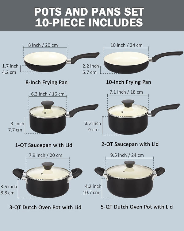 Pots and Pans Set Nonstick, 10 Piece Ceramic Cookware Sets, Kitchen Non Stick Cooking Set with Saucepans, Frying Pans, Dutch Oven Pot with Lids, Black | Non Stick Pots and Pans2