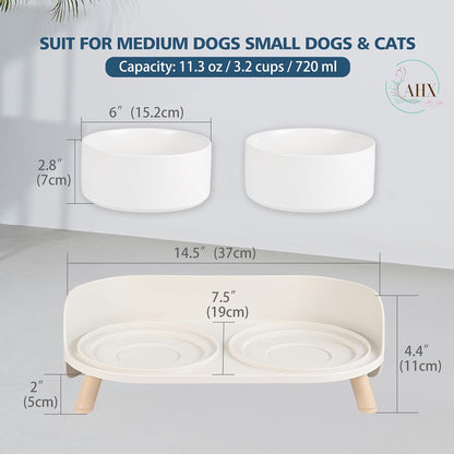 Elevated Ceramic Dog Bowl Set - Double Dog Feeding Bowls with Stand Splash Proof - Raised Dishes for Food and Water - Ideal for Small to Medium Dogs - 2 X 720 Ml - 11.3 Oz - White2