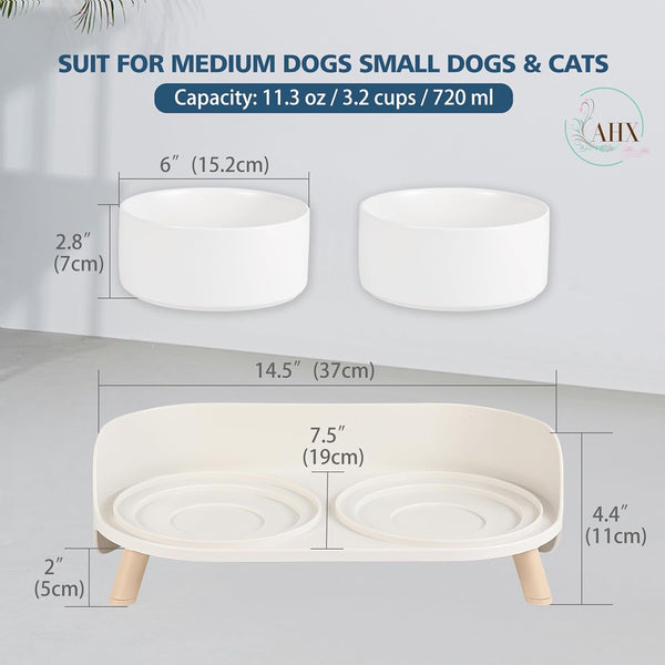 Elevated Ceramic Dog Bowl Set - Double Dog Feeding Bowls with Stand Splash Proof - Raised Dishes for Food and Water - Ideal for Small to Medium Dogs - 2 X 720 Ml - 11.3 Oz - White2
