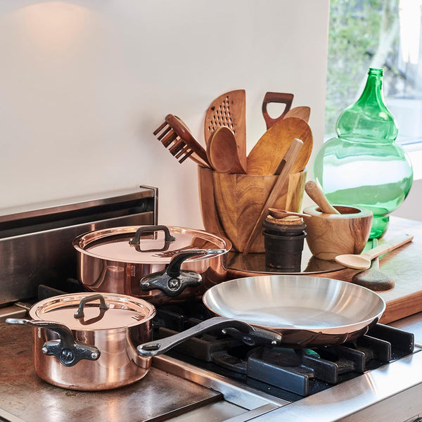 M'Heritage 150 CI 1.5Mm Polished Copper & Stainless Steel Deluxe 3-Piece Cookware Set, with Sauce Pan with Lid, 1.8-Qt and Frying Pan 7.8-In, Cast Iron Handles, Made in France3