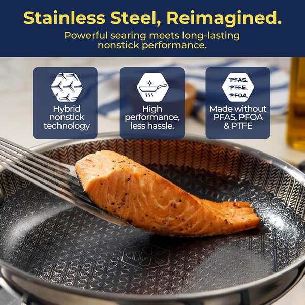 10 Inch Hybrid Nonstick Frying Pan, Tri-Ply Stainless Steel Pan with Non-Toxic Ceramic Coating, FDA Compliant & Pfas-Free, Dishwasher & Oven Safe, Induction & All Cooktops Compatible2