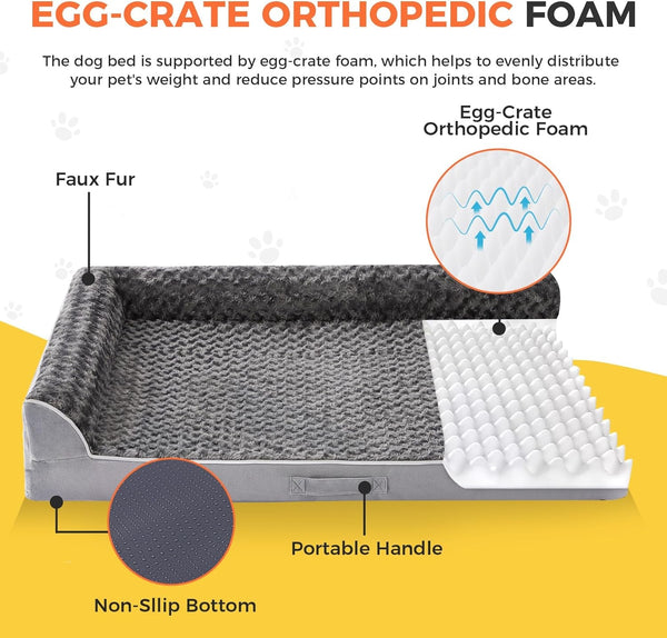 Dog Beds Large Sized Dogs, XL Orthopedic Dog Beds for Large Dogs 42"X30"X7.5", Waterproof Pet Bed with Washable Cover, L-Shaped Pet Couch with Portable Handle, Grey2