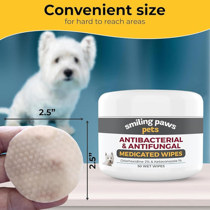 Smiling Paws Medicated Grooming Wipes for Dogs & Cats, 1Pk, 50 Wipes | Medicated Grooming Wipes for Dogs & Cats, Contains Ketoconazole & Chlorhexidine, Treats Yeast Infection, Ringworm, Pyoderma2