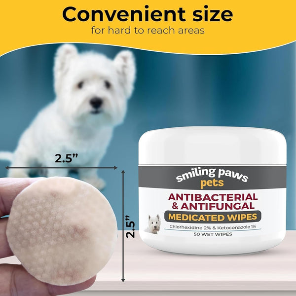 Smiling Paws Medicated Grooming Wipes for Dogs & Cats, 1Pk, 50 Wipes | Medicated Grooming Wipes for Dogs & Cats, Contains Ketoconazole & Chlorhexidine, Treats Yeast Infection, Ringworm, Pyoderma2