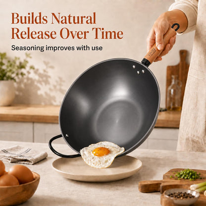 12.6 Inch Carbon Steel Wok with Lid, Flat Bottom Induction Wok Pan, Non-Coated Stir Fry Wok Skillet with Helper Handle, Gas Electric Ceramic Halogen Compatible, Includes Iron Wok Spatula5