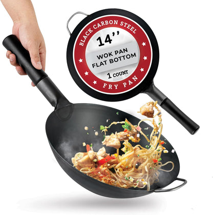 Carbon Steel Wok 1 Pack of 13.3 Inch Heavy-Duty Uniform Heat Distribution Pan Induction Compatible Flat Bottom Wok Welded Handle Black for Gas Stovetops and Grills1