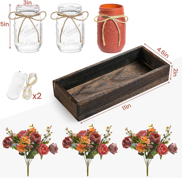 3 Pcs Mason Jar Centerpiece Table Decorations for Dining Table Decor Farmhouse Coffee Table Decor with Wood Tray and Led Light Table Centerpieces for Dining Room Kitchen Living Bathroom,Orange | Rustic Farmhouse Decor for Home Décor Accents Kitchen Counter Decor Dining Room Living Bathroom,Orange7