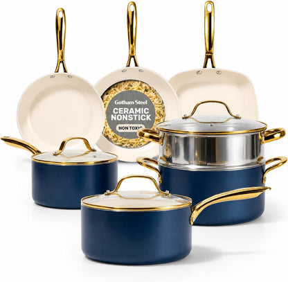 12 Pc Pots and Pans Set Non Stick Ceramic Cookware Set | Non Toxic PFOA/PFOS/PTFE Free, Stay Cool Stainless Steel Handles, Dishwasher and Oven Safe, Navy Gold1