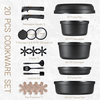 20Pcs Pots and Pans Set Non Stick, Detachable Handle Cookware Sets | Ultra Nonstick, Space Saving, Dishwasher & Oven Safe, Non-Toxic Kitchen/Apartment/Camping/Rv/ Traveling, Black2