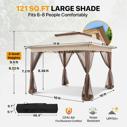 11X11 Pop up Gazebo with Mesh Netting, Instant Outdoor Canopy Tent, Water Resistant Shelter with UPF 50+ UV Protection, 121 Sq Ft Coverage, Beige3