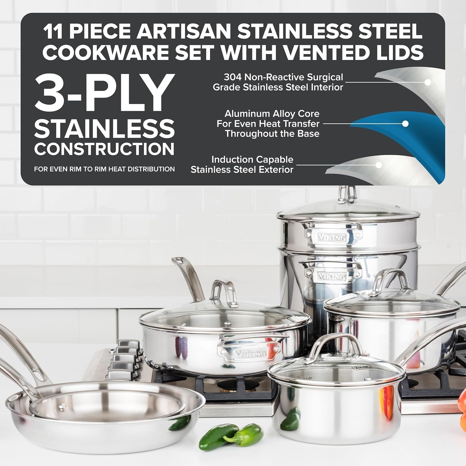 viking-artisan-3-ply-stainless-steel-11-piece-cookware-set-with-vented-glass-lids-fry-pans-saucepans-saute-pan-stock-pot-with-strainer-insert-oven-safe-up-to-600f
