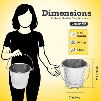 9 Quart Stainless Steel Flat Side Bucket | 2.25 Gal Durable Heavy Duty Food & Water Feeding Pails for Dog Goat Sheep Horse | Fits Kennel Cage Critter Crate Hanging Pet Pail | Multipurpose3