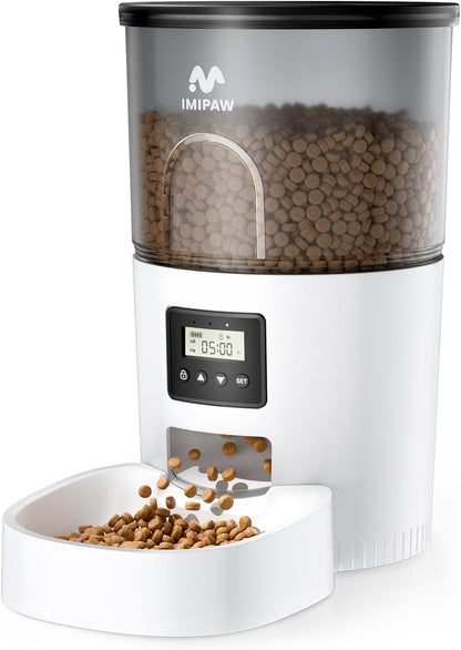 IMIPAW Automatic Cat Feeders, Timed Cat Dry Food Dispenser with Desiccant Bag, Dual Power Supply, Programmable Portion Size, 6 Meals, 20 Portions per Day, Auto Pet Feeder for Cats and Small Dog, White1