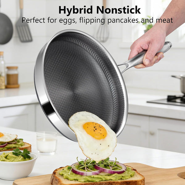 Frying Pans, 12-Inch Hybrid Frying Pans Stainless Steel Skillets, Dishwasher & Oven-Safe, Stay-Cool Handle, PFOA Free Cookware, Compatible with All Cooktops4