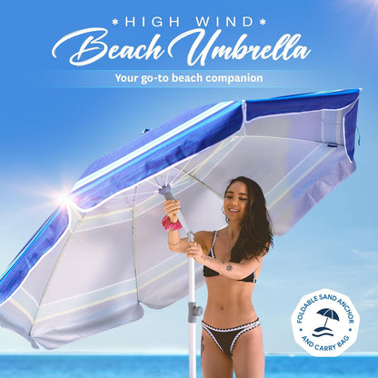 7Ft Heavy Duty High Wind Beach Umbrella with Sand Anchor, Built-In Table Tray Vent Tilt Pole, UPF 50+ Windproof Portable Outdoor Umbrellas Carry Bag for Patio Garden Pool Backyard Stripe2