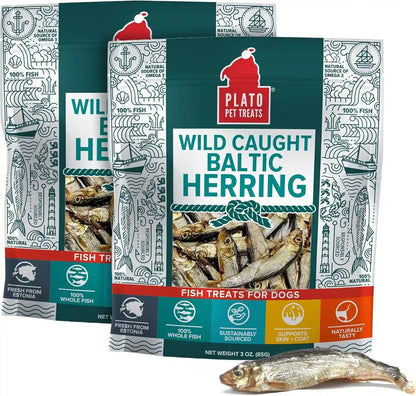 Plato Pet Treats Fish Dog Treats - Air-Dried, Single Ingredient Pet Treat - Omega 3 & 6 Fatty Acids to Support Skin and Coat - 100% Whole Fish - Wild Caught Baltic Herring - 3Oz - 2 Pack1