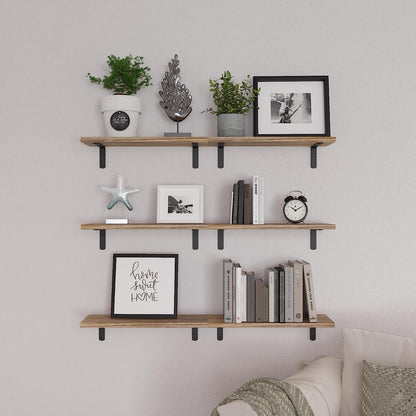 Floating Shelves Set of 6 for Wall Decor & Storage, Rustic Brown | Wood Farmhouse Book Shelves for Bedroom, Bathroom, Living Room, Kitchen, Office, Laundry Room, Study Room Display, 16.5''6