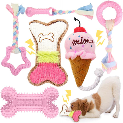 BAEJMJK 6 Pack Puppy Teething Toys Pink Small Breed Dog Chew Toys with Rope Cute Soft Rubber Puppy Toys Set for Cleaning Teeth Interactive Pet Doggy Bone Toys1