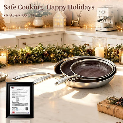 5Pc Hybrid Nonstick Frying Pans Set with Lids, 8, 10 & 12" Pans | Ceramic Nonstick,Stay-Cool Handle, Dishwasher Oven Safe, for All Stovetops Induction for Home Daily Cooking (Burgundy)9