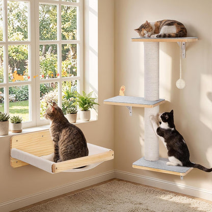 Wall Mounted Cat Shelves Set with Hammock | Sisal Scratching Posts, 3 Wooden Steps, Space-Saving Cat Tree, for Indoor Cats up to 30 Lbs7