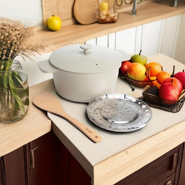 All-In-One Pot, Multilayer Nonstick, High Performance Cast Dutch Oven with Matching Lid, Roasting Rack and Turner, Made without PFOA, Dishwasher Safe Cookware, 4.7-Quart, Linen5