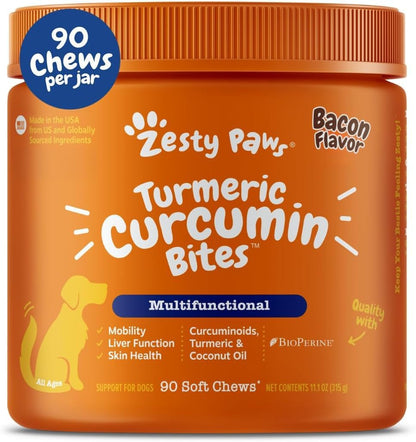 Zesty Paws Turmeric Curcumin for Dogs - for Hip & Joint Mobility Supports Canine Digestive Cardiovascular & Liver Health - Coconut Oil for Skin Health with 95% Curcuminoids + Bioperine Bacon, 90 Count1