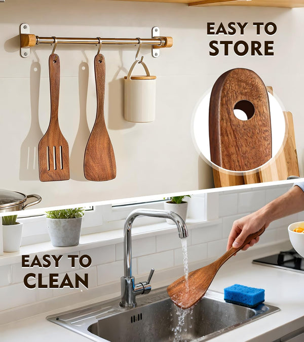 2Pcs Wooden Spatula, Acacia Wooden Spatula for Kitchen Use, Nonstick Cookware Safe Utensils Set Including Turner and Slotted Turner, Ideal Cooking Utensils Gift Set for Cooking, Frying, Baking6