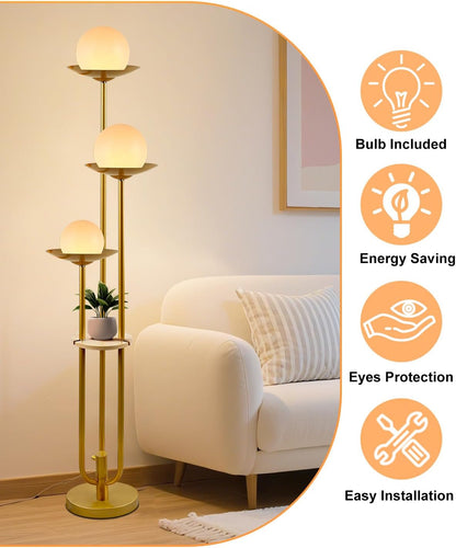 63IN Globe Floor Lamp with Shelf 3-Lights Modern Dimmable Floor Lamps with 3000K Soft Warm White Bulbs for Wedding/Party, Gold Tall Standing Lamp with 5Lbs Heavy Base for Living Room/Bedroom5