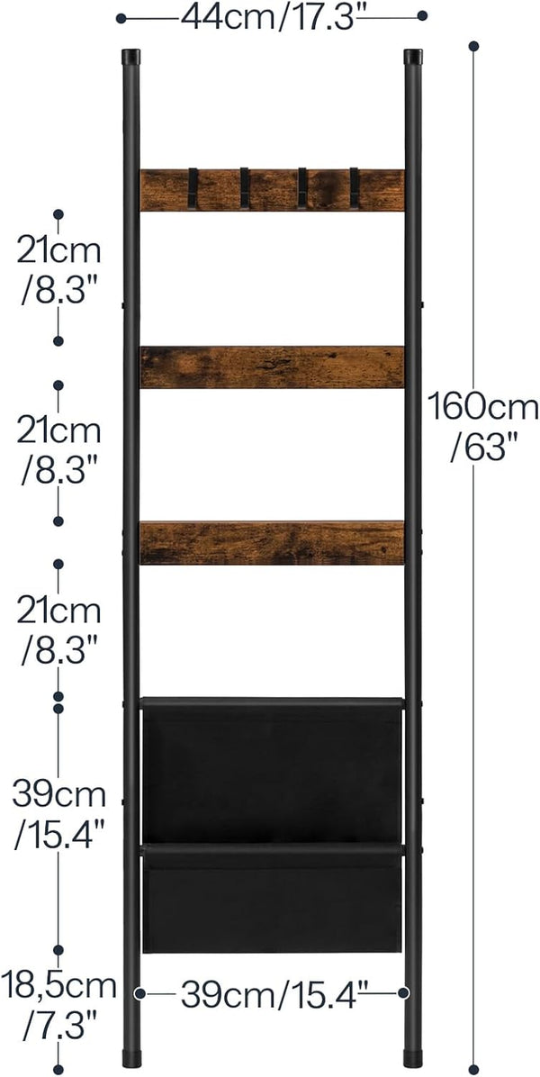 Blanket Ladder, 5 Tier Towel Rack, 17.3" L X 63" H, Wall-Leaning Blanket Rack for Living Room, Decorative Ladder with 4 Hooks and Magazine Pocket, Rustic Brown BF32CJ016