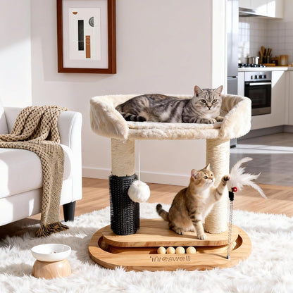 Small Wooden Cat Tree for Kittens and Small Cats, 6-In-1 Cat Tower for Indoor Cats with Bed, Sisal Scratching Post, Self-Grooming Brush, Ball Track, Plush Ball and Feather Toy, 16.5" H5