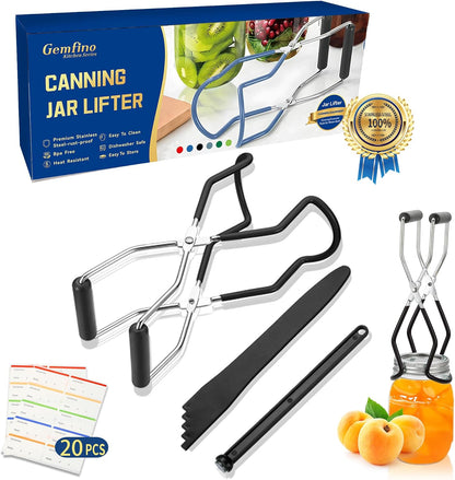 Canning Jar Lifter Tongs with Jar Lid Lifter Magnetic Lid Lifter,Canning Bubble Popper Bubble Remover and Canning Labels for Canning Supplies Starter Kit,4Pcs Canning Tools-Black1