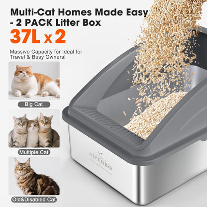 2 Pack Stainless Steel Litter Box | XL Enclosed Cat Litter Boxes with Lid for Big Cats and Multi-Cats | High Sided, Anti-Urine Leakage | Non-Stick Bottom（Dark Gray）7