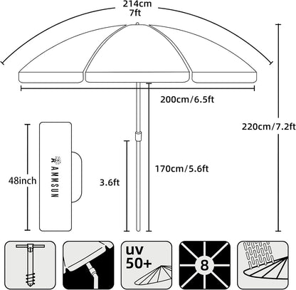7Ft Heavy Duty High Wind Beach Umbrella Parasols with Sand Anchor Vent Tilt UPF 50+ Sun Protection Portable Outdoor Sunshade Umbrellas Carry Bag for Patio Garden Pool Backyard Blue6