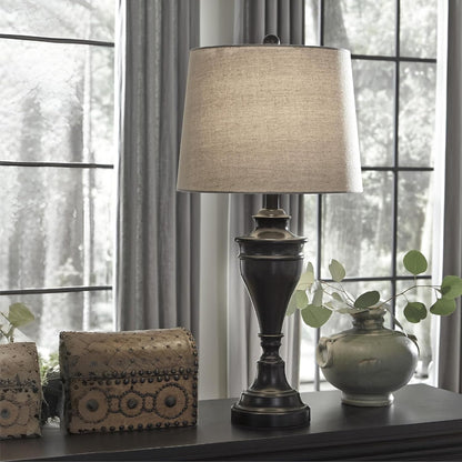 Signature Design by Ashley Table Lamp Set of 2, Dark Bronze | Fabric Hardback Shade, 28.5 Inches Tall, Traditional Double Pillar Base, 3-Way Switch, Living Room Use, Darlita Series11