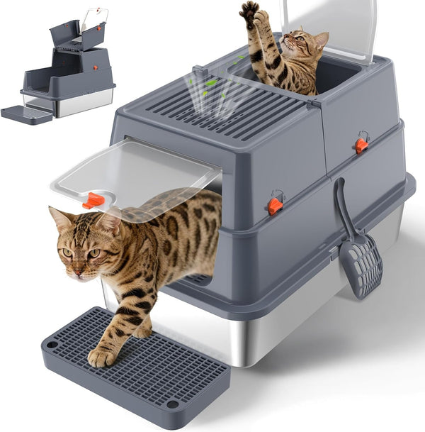 Stainless Steel Litter Box with Lid, Enclosed Metal Litter Box, Extra Large Kitty Litter Pan Covered with Scoop & Pedal, Odor Control, Odor Free, Front & Flip-Top Entry, Black9