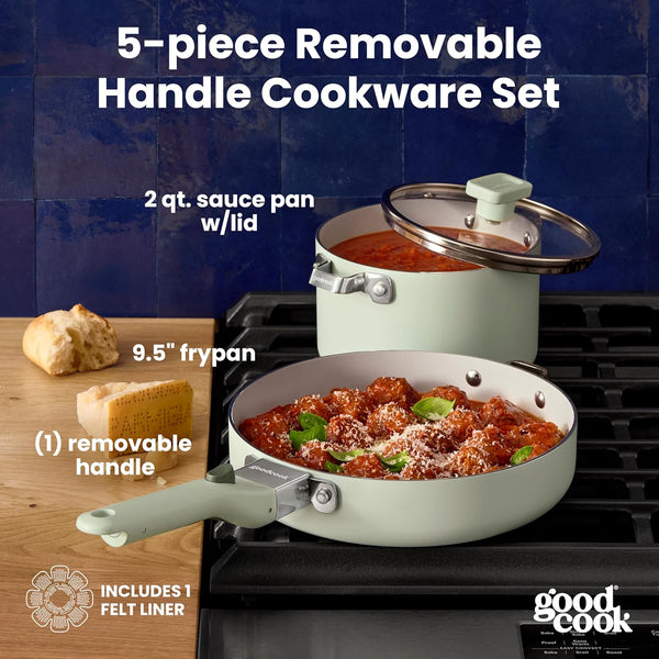 Ceramic Cookware Set 5-Piece with Removable Handle, Induction Compatible, Nonstick and Oven Safe with 9.5-Inch Frypan, Sage Green2