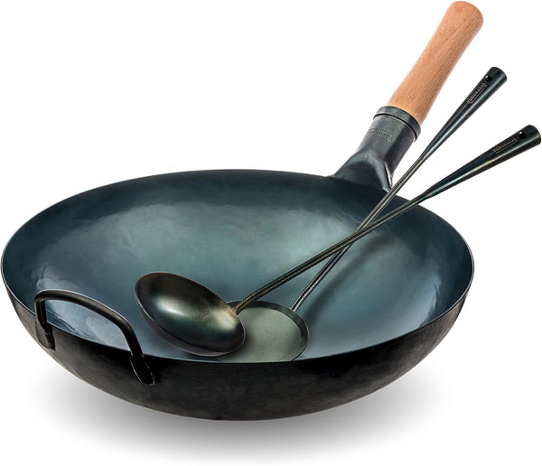 Blue round Bottom Wok Pan – 14" with Pre-Seasoned Wok Utensils Set - Blue Carbon Steel 17-Inch Spatula, Ladle, 3 Pairs of Chopsticks1