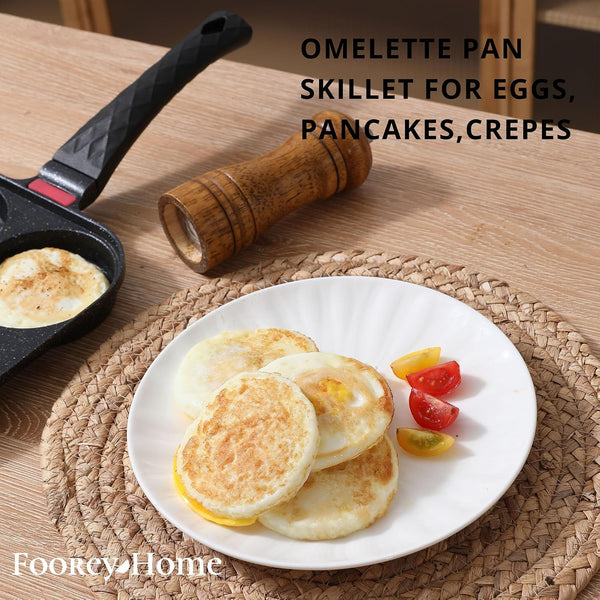 4-Cup Nonstick Egg Frying Pan Gas & Induction Omelette Skillet | Black 4-Hole Non Stick Egg Pan with 1 Spatula and 1 Brush. Perfect for Morning Pancakes, Bacon, and Quick Breakfast.4