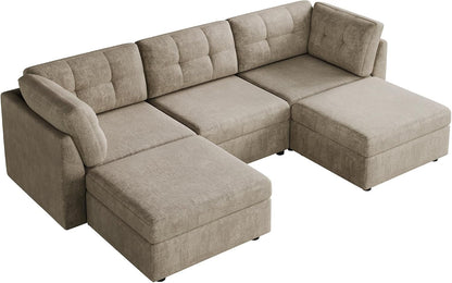 Sectional U-Shaped Sofa for Living Room, Modualr Sofa Couch, Camel | 91" W Modular Sectional Sofa, 3 Seater Couches with Ottoman, Chenille Sofa for Living Room, Apartment, Office3