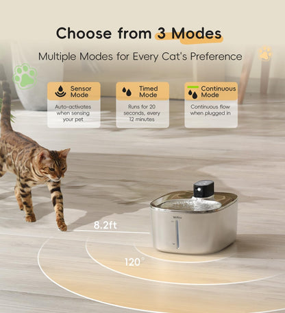 Cat Water Fountain Stainless Steel, 138Fl.Oz / 4.1L Cordless Cat Fountain | Wireless Pet Fountain; 4000Mah Battery; Indoor; Triple Water Modes; 25 Db Ultra-Quiet3